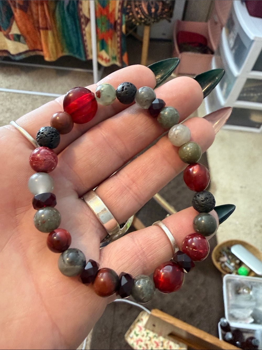 Handmade Red and Gray Gemstone Beaded Stretch Bracelet